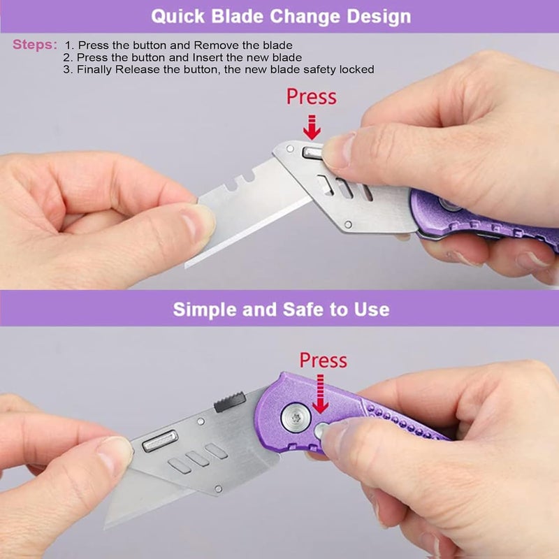 Vickay Folding Utility Knife, Box Cutter with 5 SK5 Quick Change Blades, Safety Axis Lock Design Razor Knife, Lightweight Aluminum Handle Belt Clip for Office Home Artcraft （Light Purple) - Image 4